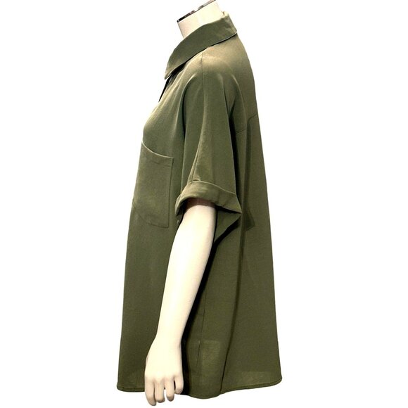CCC Army Green Chic Henley Short Sleeve Button Up Lapel Shirt All Polyester XLGE - Picture 3 of 10